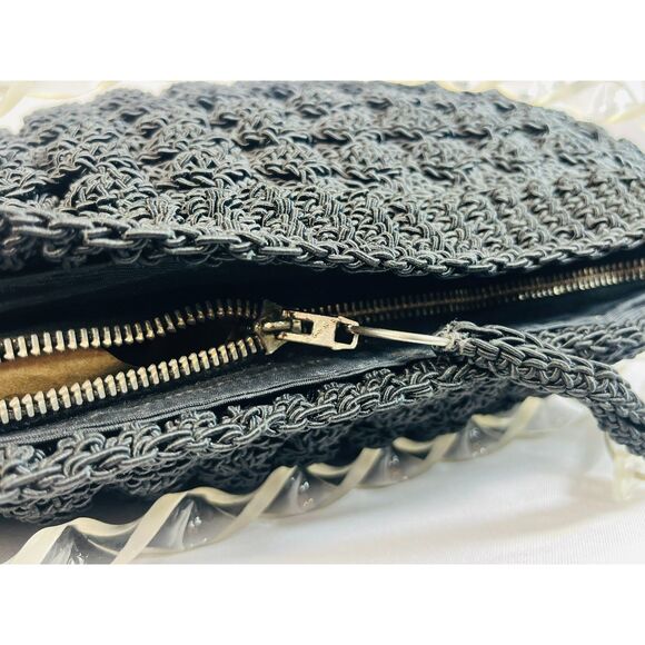 Vintage Mid Century Crochet Black Handbag Tote Satchel Lucite Handles EUC - Picture 6 of 10